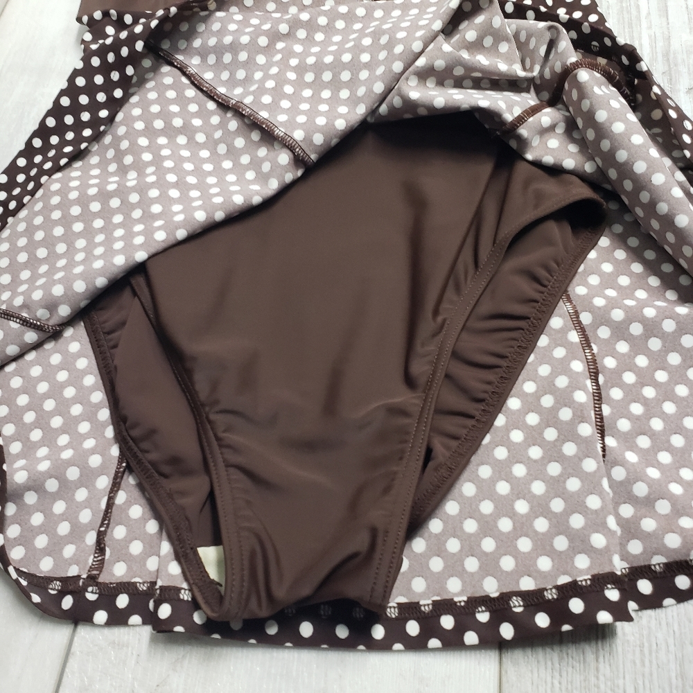 A Shore Fit Swimdress 10 Thigh Solutions One Piece Brown Polka Dot Swim Retro - Picture 7 of 14